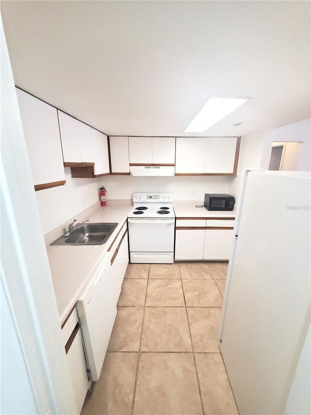 kitchen featuring white cabinetry, white appliances, sink, and exhaust hood