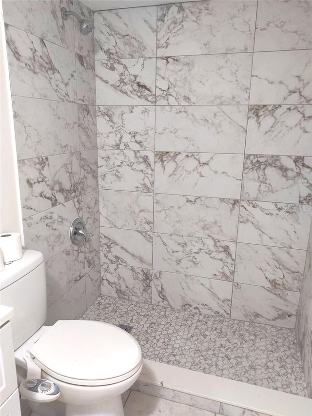 bathroom with vanity, a tile shower, and toilet