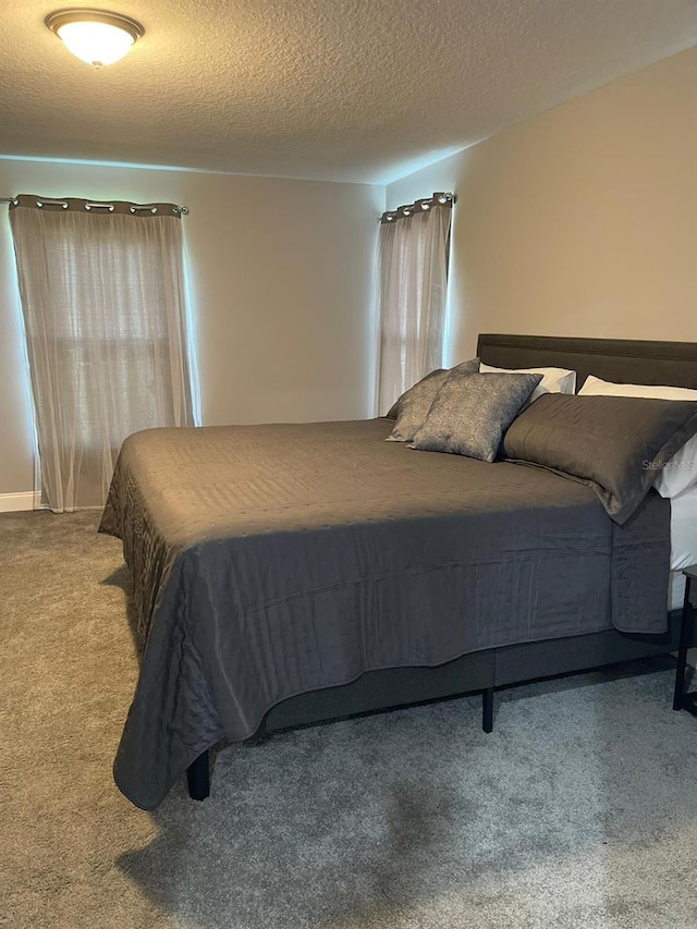 bedroom with carpet floors and a textured ceiling