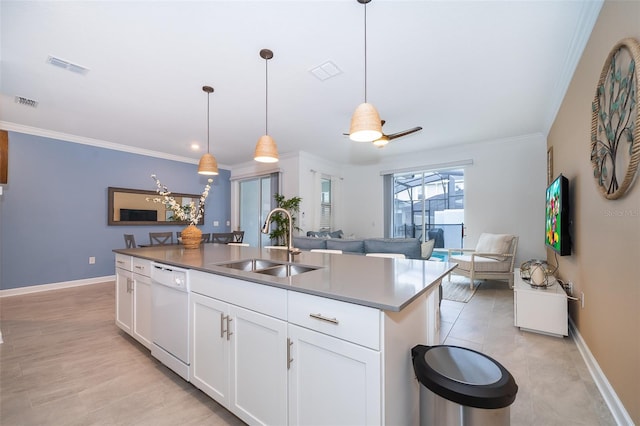 kitchen with sink, white cabinetry, white dishwasher, an island with sink, and decorative light fixtures