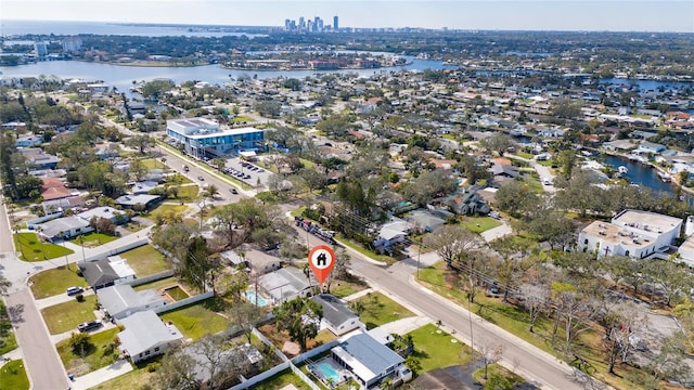 drone / aerial view featuring a water view