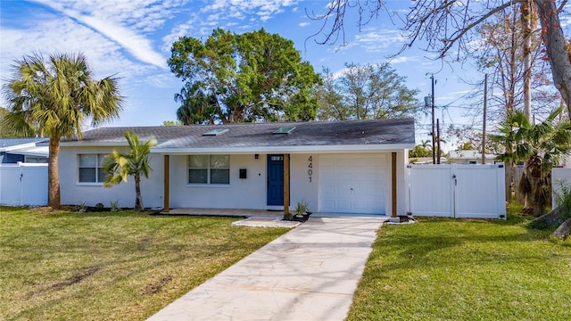 ranch-style home featuring a garage and a front lawn