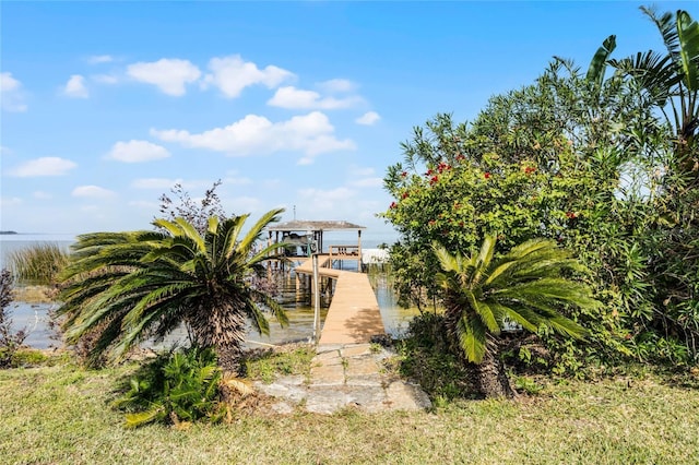 view of yard with a water view and a dock