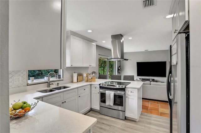 kitchen with sink, stainless steel appliances, white cabinets, island exhaust hood, and kitchen peninsula