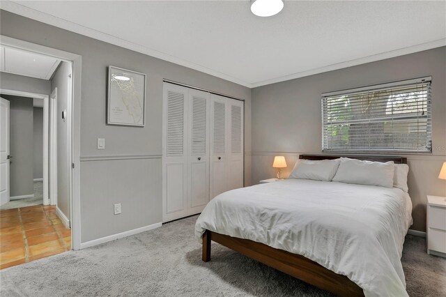 carpeted bedroom with crown molding and a closet