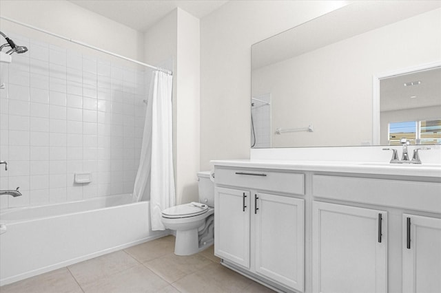 full bathroom with toilet, vanity, tile patterned floors, and shower / tub combo with curtain