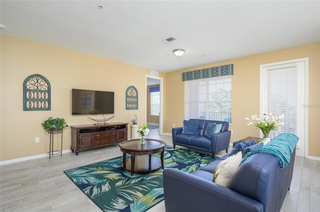 living room with light hardwood / wood-style flooring