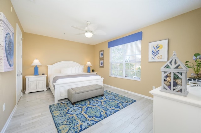 bedroom featuring ceiling fan and light wood-type flooring