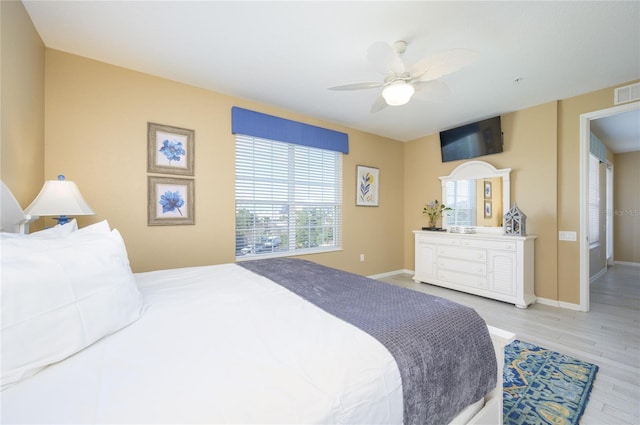 bedroom with ceiling fan and light wood-type flooring