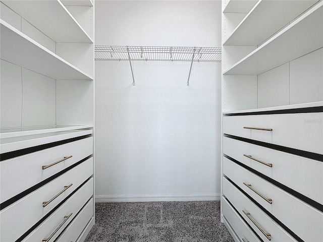 walk in closet with dark colored carpet