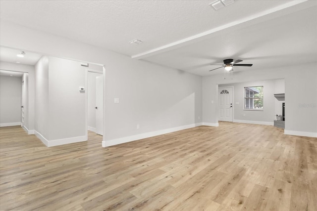 unfurnished living room featuring ceiling fan, a textured ceiling, and light wood-type flooring