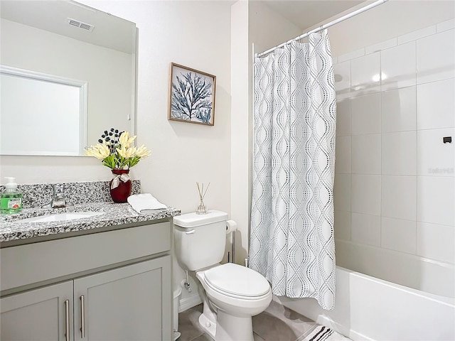 full bathroom with shower / bath combination with curtain, vanity, and toilet