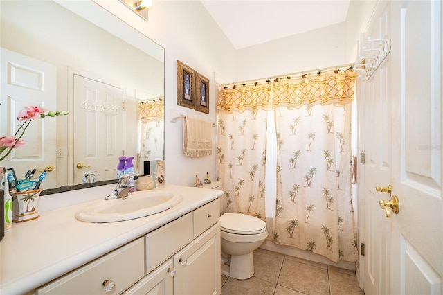 full bathroom featuring shower / bathtub combination with curtain, vanity, toilet, and tile patterned flooring