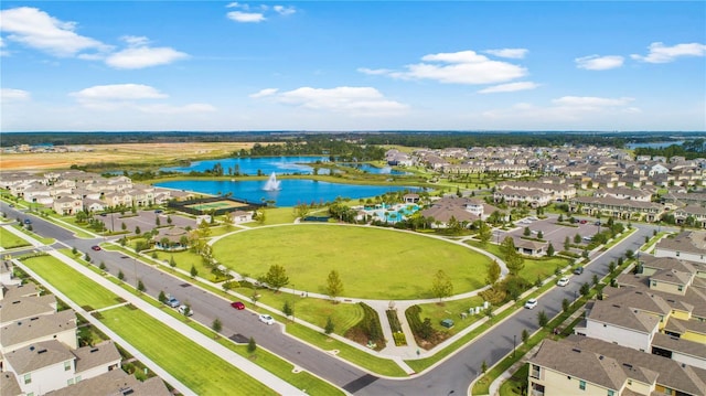 aerial view featuring a water view and a residential view