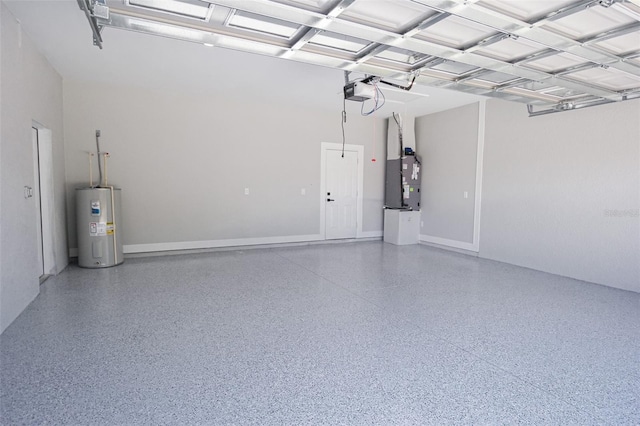 garage with water heater and a garage door opener