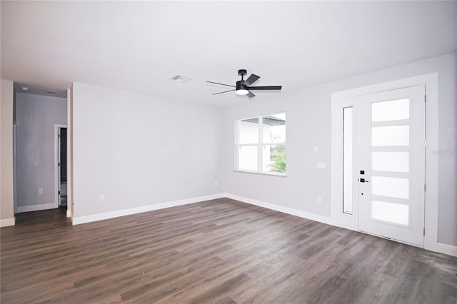 entrance foyer featuring ceiling fan and dark hardwood / wood-style flooring