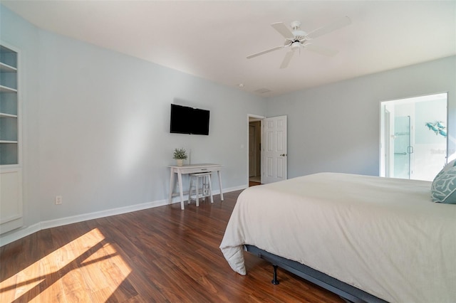 bedroom featuring ceiling fan and dark hardwood / wood-style flooring