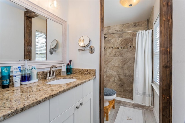 bathroom with walk in shower, vanity, and toilet