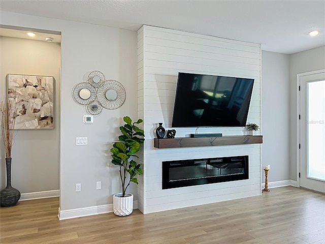 living room with a large fireplace and light wood-type flooring