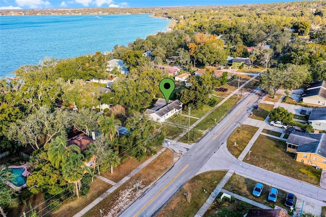 bird's eye view with a water view