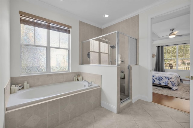 bathroom featuring crown molding, ceiling fan, tile patterned floors, and independent shower and bath