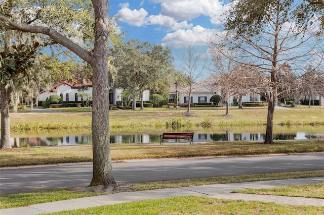 view of street with a water view