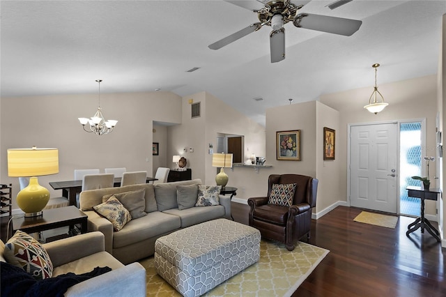 living room with lofted ceiling, wood-type flooring, and ceiling fan with notable chandelier