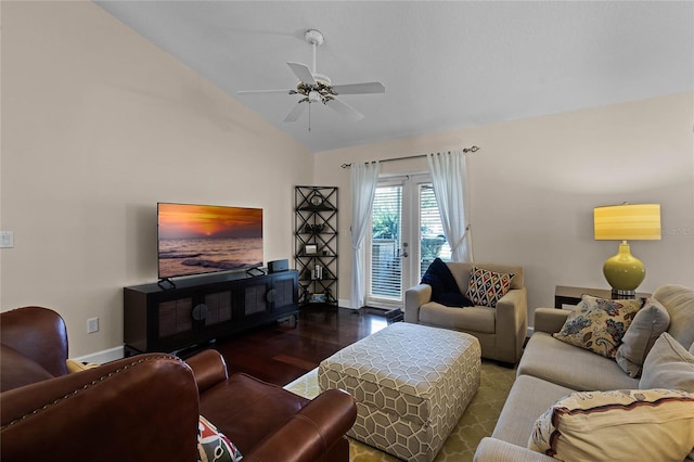 living room with dark wood-type flooring, ceiling fan, and lofted ceiling