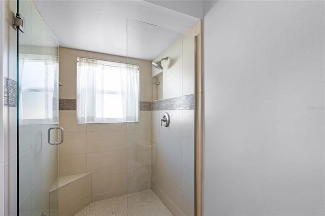 bathroom featuring a shower with shower door