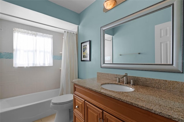 full bathroom with vanity, toilet, and shower / bath combo with shower curtain