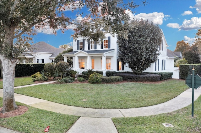 view of front of house with a front yard and covered porch