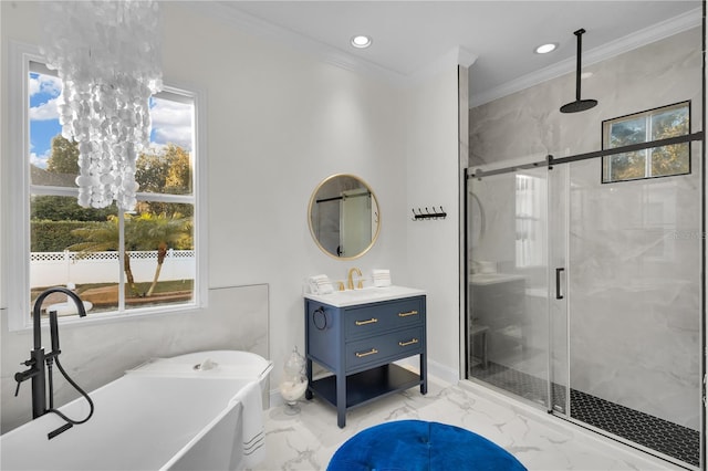 bathroom featuring ornamental molding, separate shower and tub, and vanity