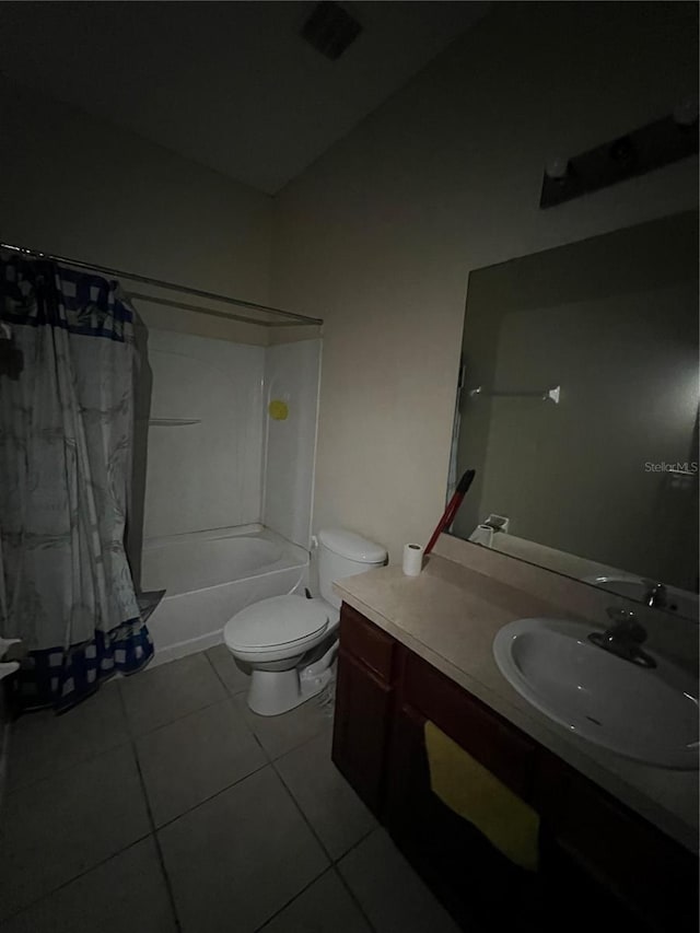 full bathroom with toilet, vanity, shower / bathtub combination with curtain, and tile patterned flooring