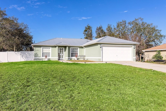 ranch-style house featuring a garage and a front yard