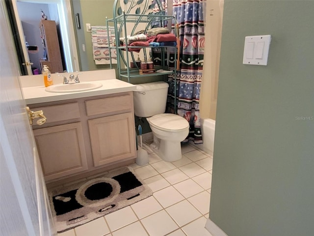 full bathroom with tile patterned flooring, vanity, toilet, and shower / tub combo with curtain