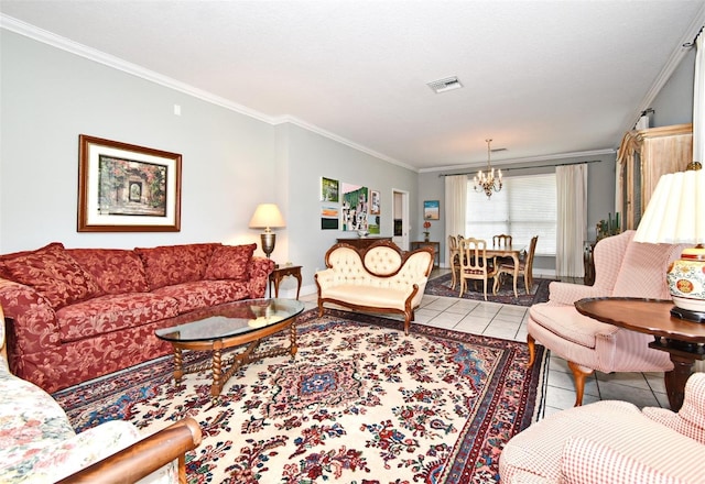 tiled living room featuring ornamental molding and an inviting chandelier