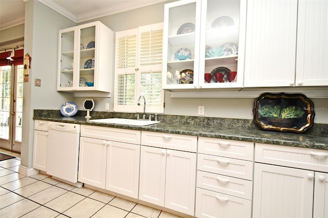 kitchen featuring sink, light tile patterned floors, dishwasher, white cabinetry, and ornamental molding