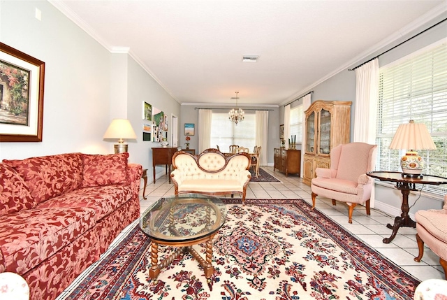 living room featuring light tile patterned floors, crown molding, and a notable chandelier