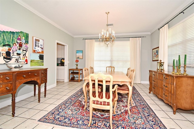 tiled dining space with ornamental molding and a notable chandelier