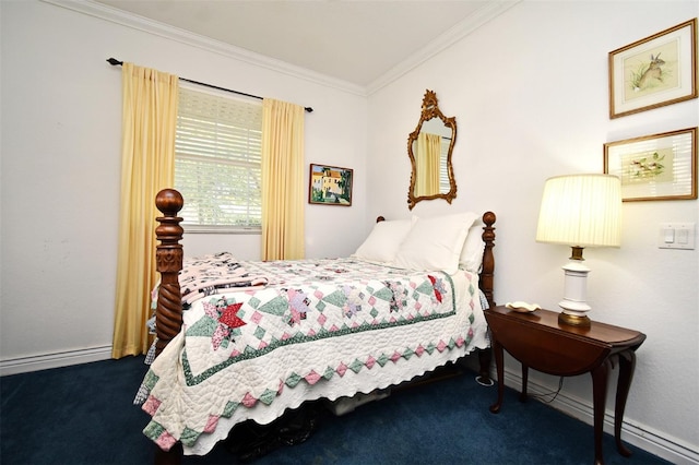 carpeted bedroom featuring ornamental molding