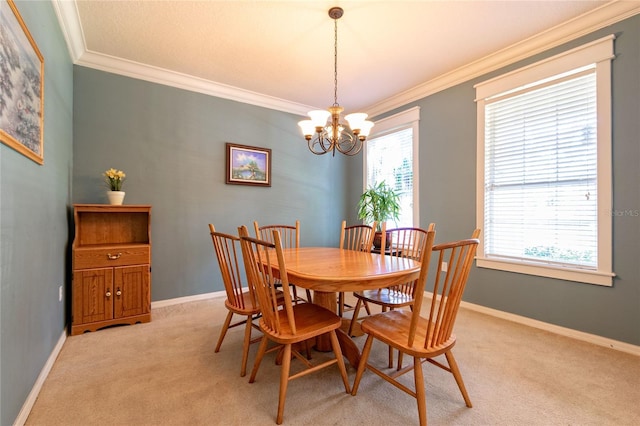 dining space with light carpet, an inviting chandelier, baseboards, and ornamental molding