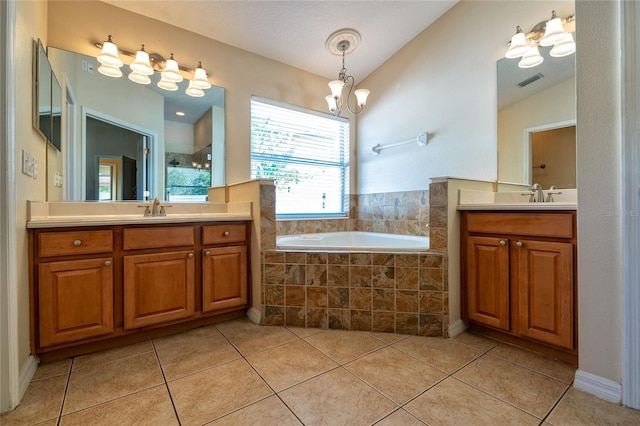 full bathroom with two vanities, a sink, visible vents, and tile patterned floors