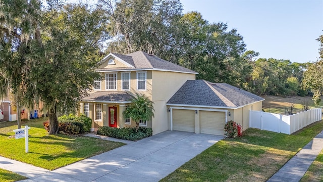 traditional-style house with a garage, driveway, fence, a front lawn, and stucco siding