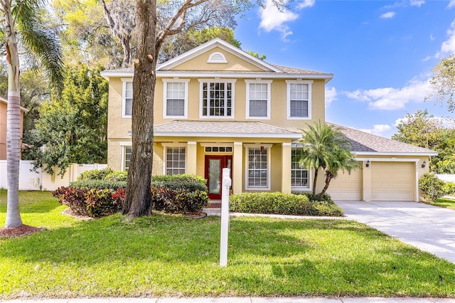 view of front of house featuring stucco siding, concrete driveway, a garage, and fence