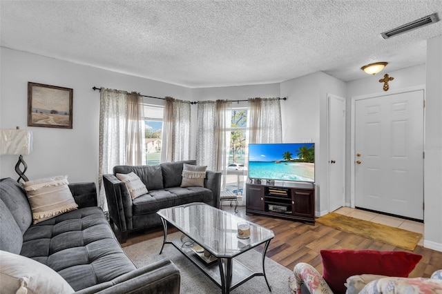 living room featuring hardwood / wood-style flooring and a textured ceiling