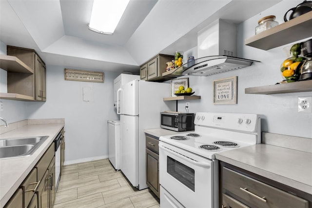 kitchen with stainless steel appliances, island exhaust hood, sink, and a tray ceiling