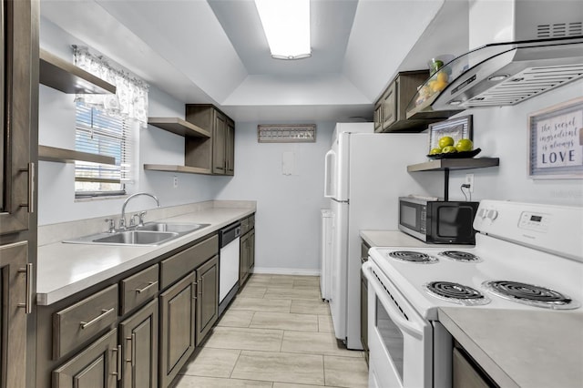 kitchen featuring white range with electric stovetop, ventilation hood, dishwasher, sink, and a raised ceiling