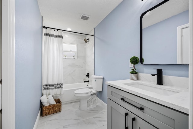 full bathroom with toilet, vanity, and shower / bathtub combination with curtain