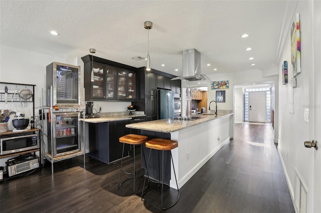 kitchen featuring dark wood-type flooring, island exhaust hood, stainless steel appliances, and hanging light fixtures