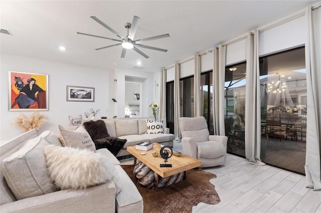 living room featuring ceiling fan